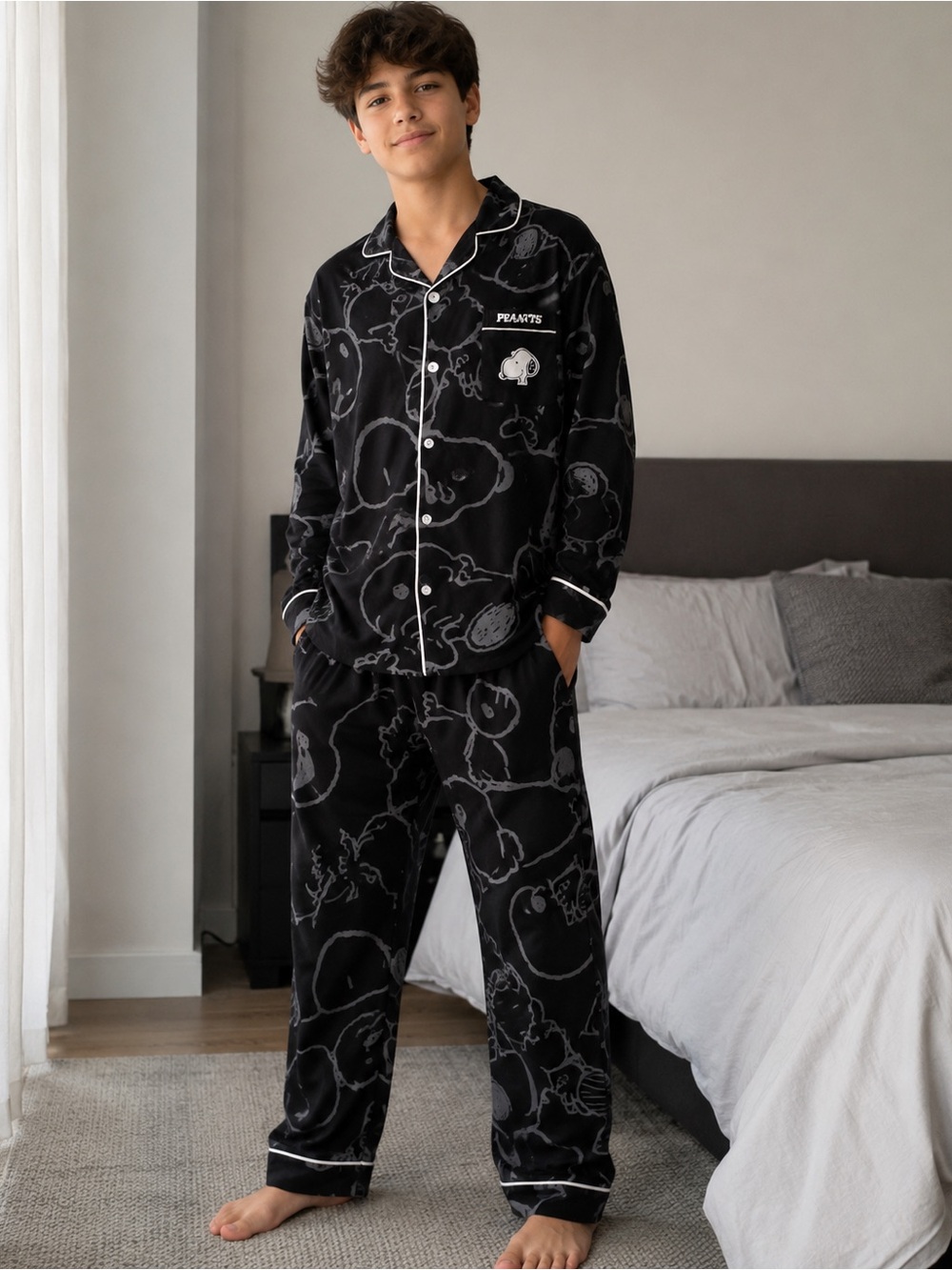 Peanuts Black Snoopy Patterned Boys Pajama Set